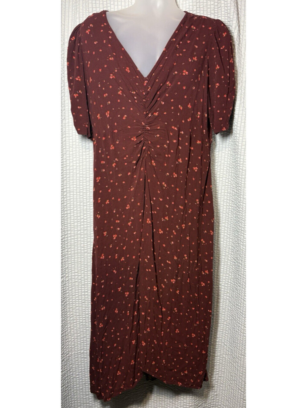 Old Navy Burgundy Ditsy Floral V-Neck Ruched Midi Dress Cottagecore Boho XXL
